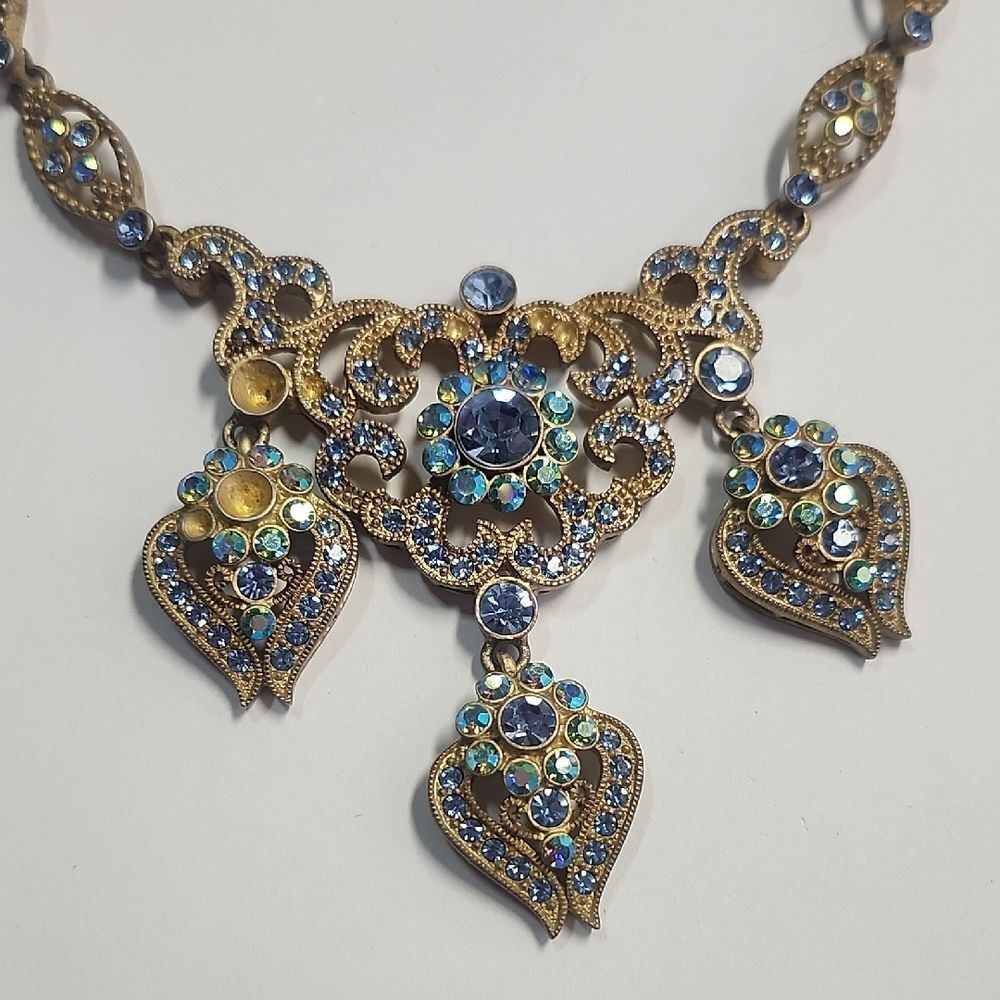 Suzanne Somers Crystal Iridescent Blue Dangle Statement 3D Necklace FOR REPAIR